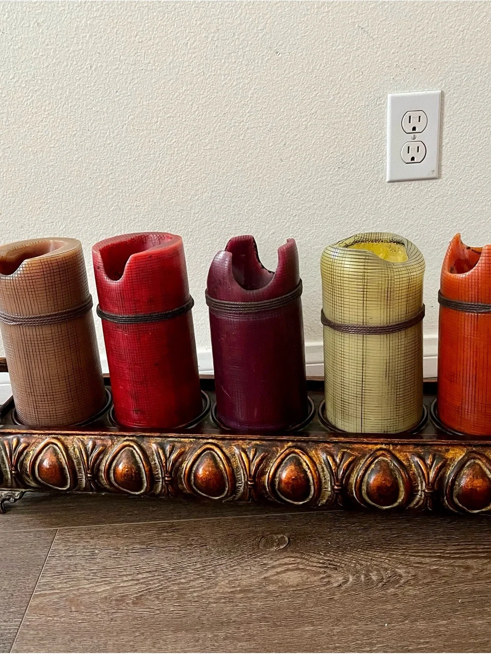 Decorative Multicolor Pillar Candle Set with Ornate Tray
